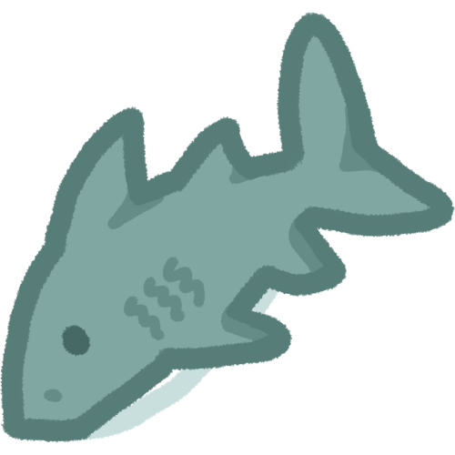 a plush shark, the top of the shark is a grey ish blue color, and the bottom of the shark is white and slightly blue toned, the shark has 1 eye, 1 nostril, and 3 gills 